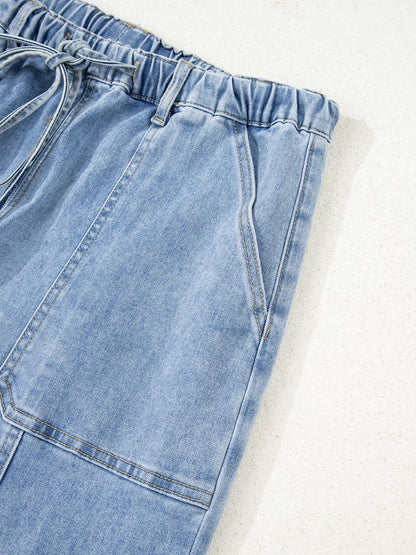 Wide Leg Drawstring Raw Hem Jeans