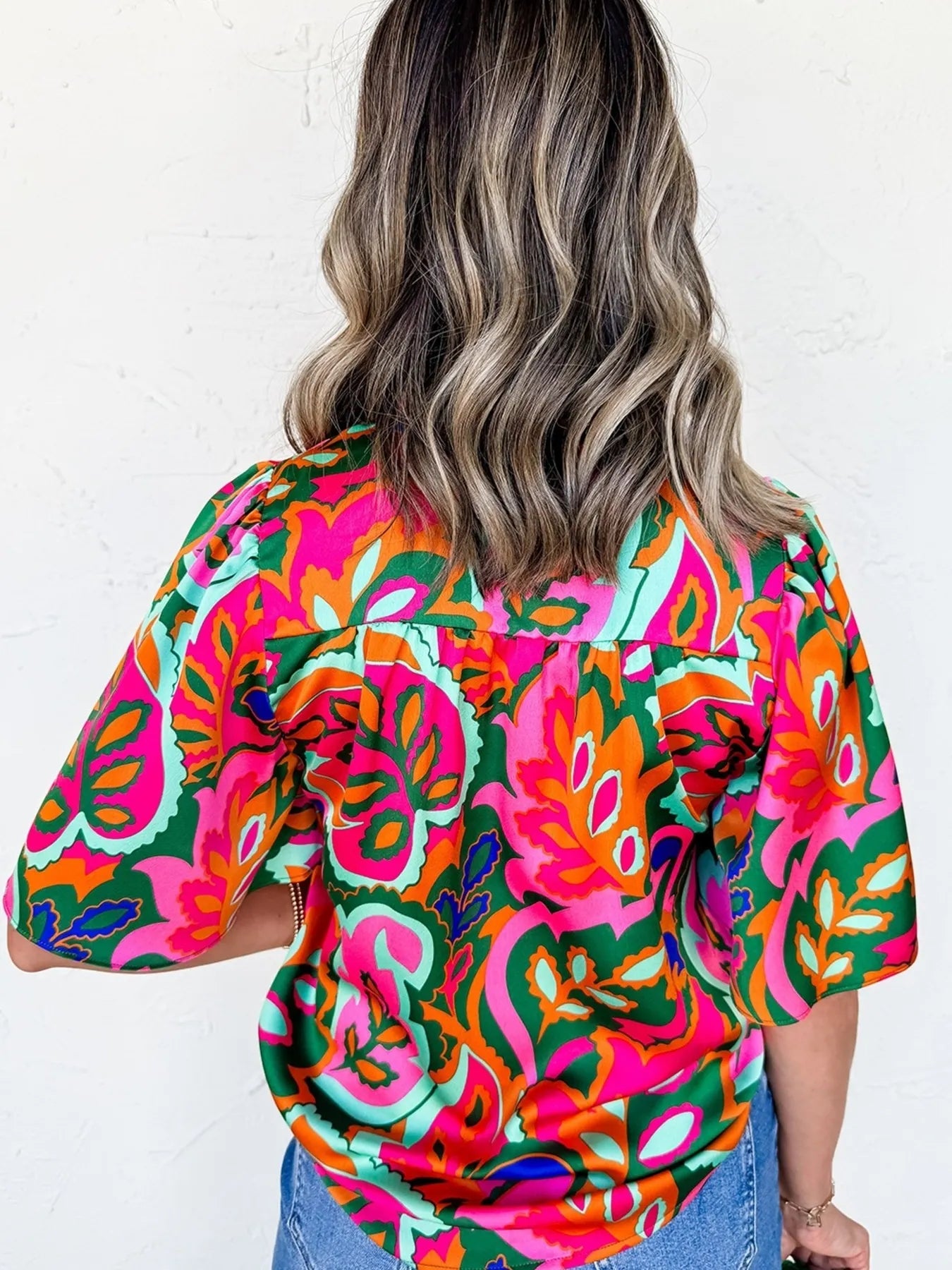 Tropical Print Short Sleeve Tie Neck Blouse