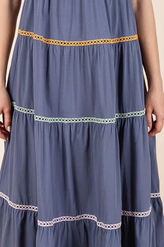 Lime 'N' Chili Trim Detail Puff Sleeve Tiered Maxi Dress