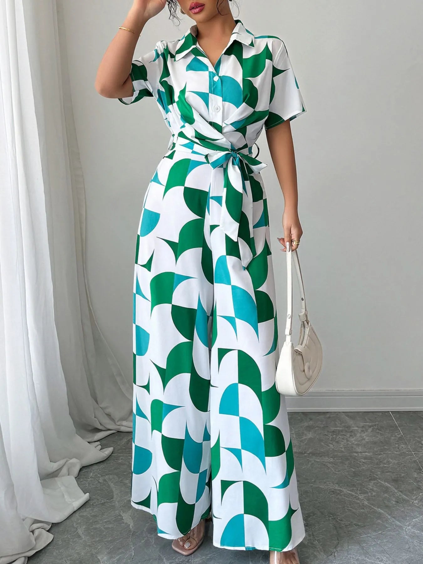 Printed Wide Leg Belted Jumpsuit