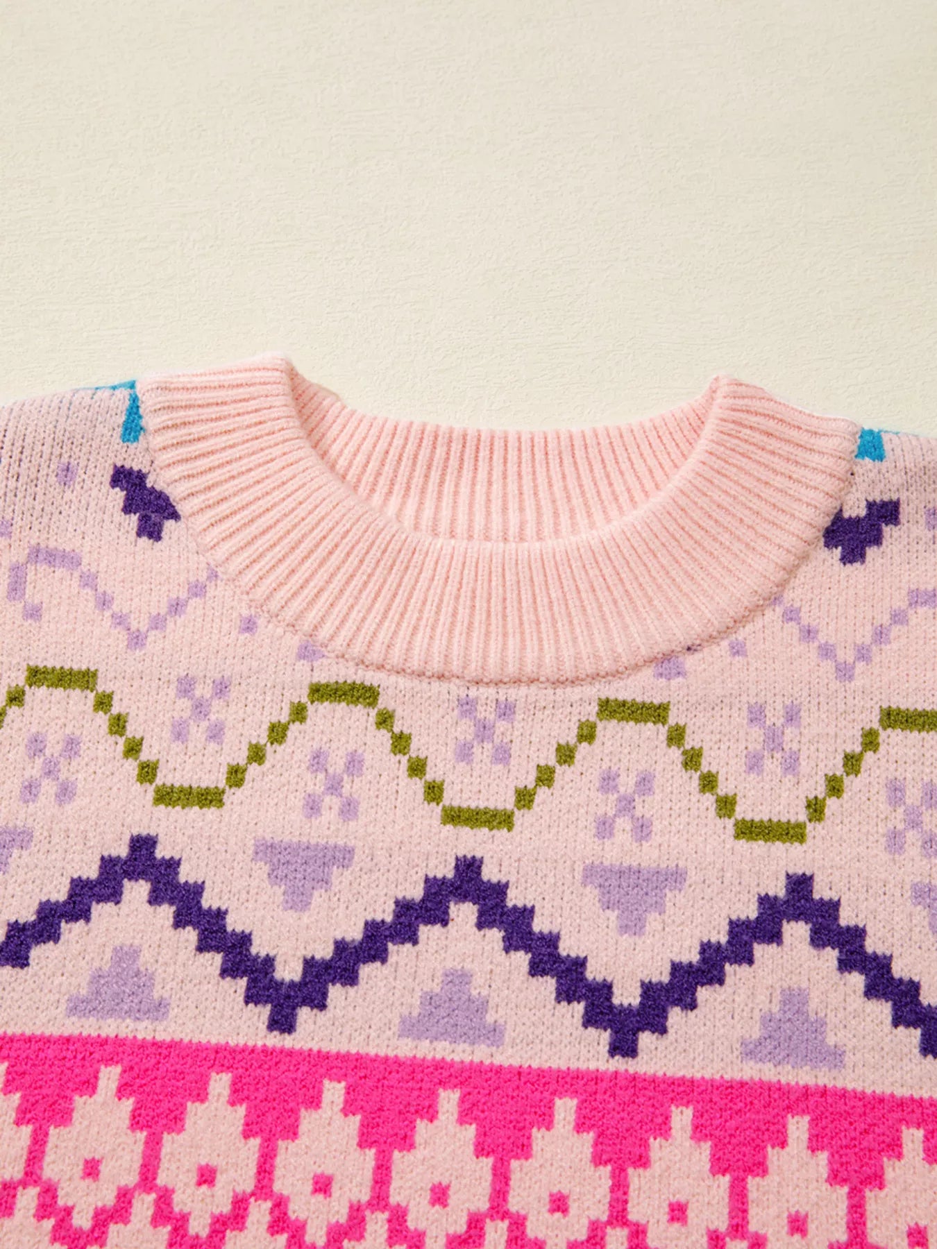 Multicolour Ethnic Christmas Pattern Knit Feather Cuffed Sweater