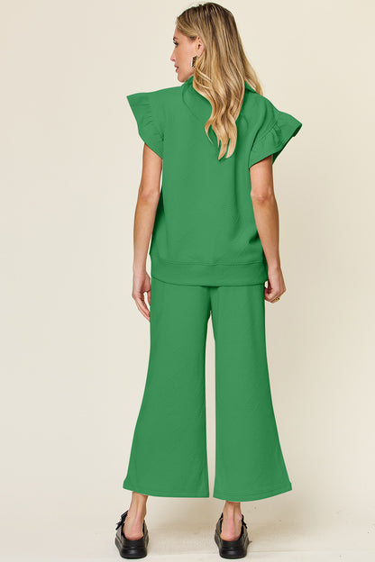Textured Ruffle Top & Drawstring Wide Leg Pants Set