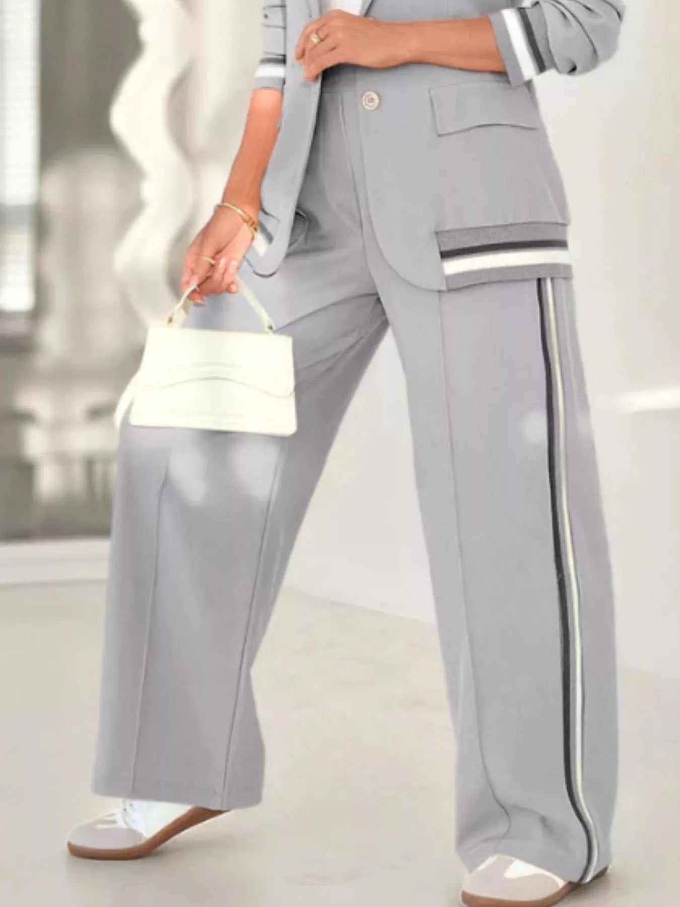 Full Size Striped Trim Button Down Jacket and Pants Set Plus Size