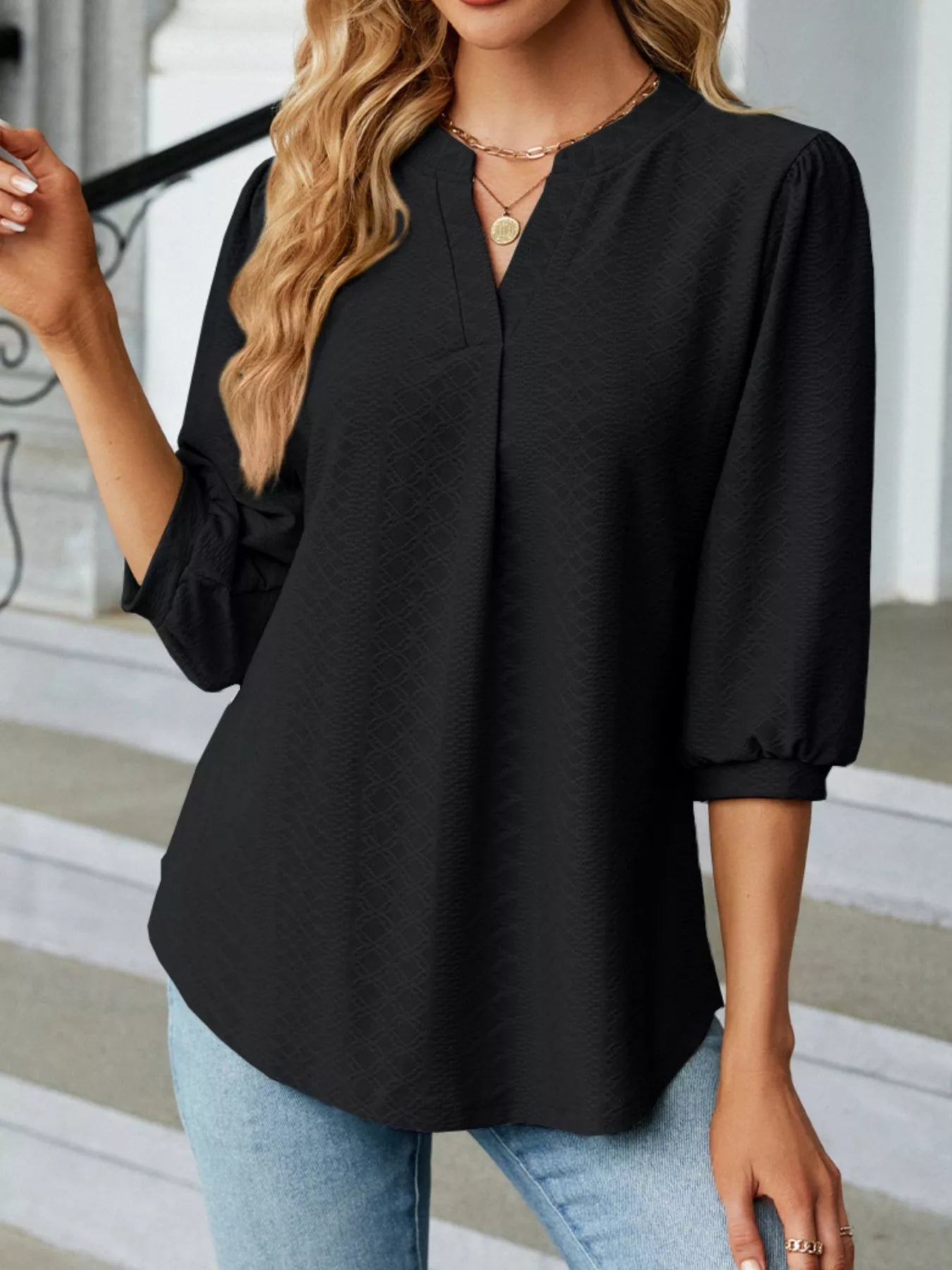Notched 3/4 Sleeve Casual Top Black