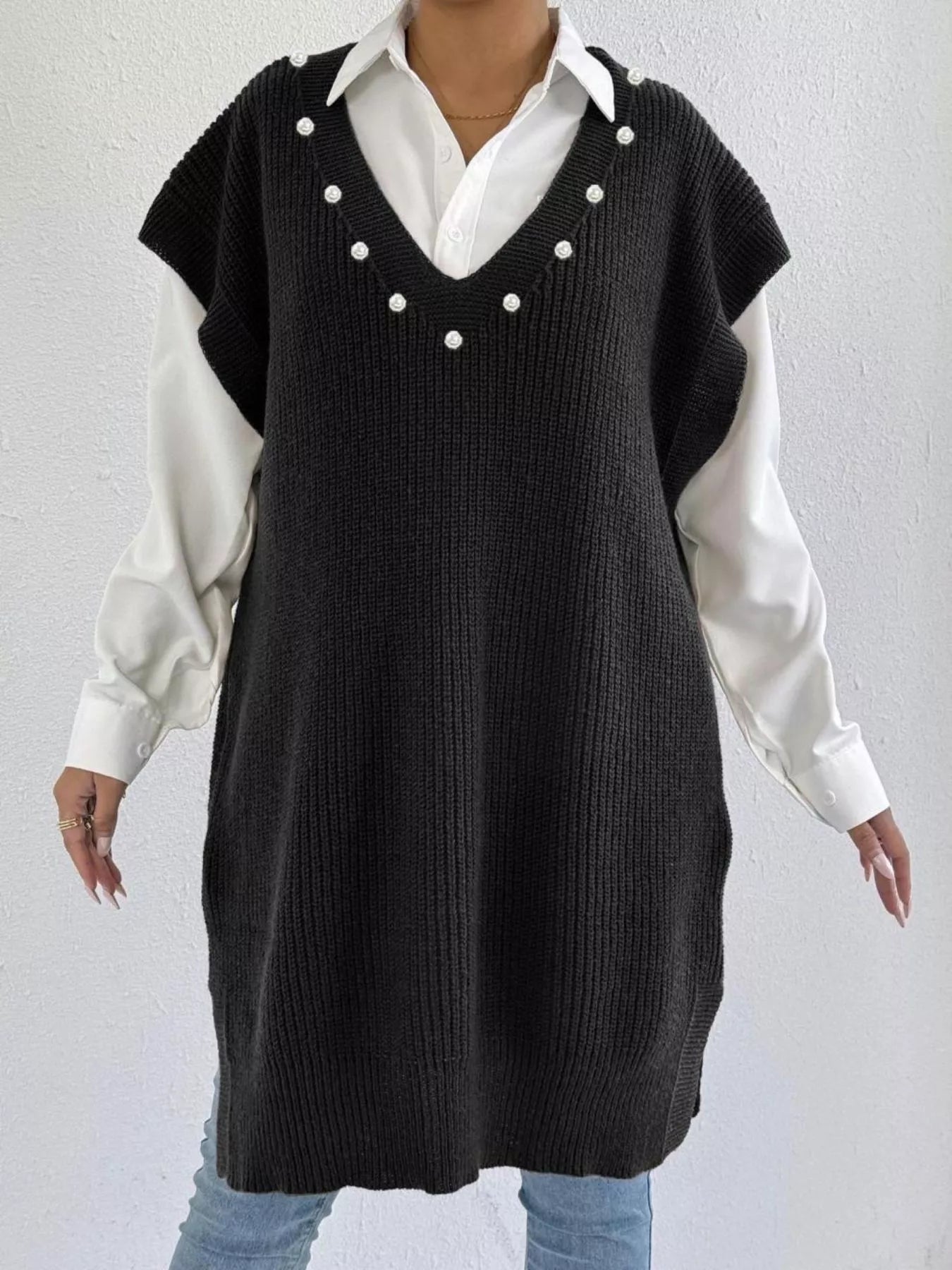 Slit V-Neck Sweater Dress