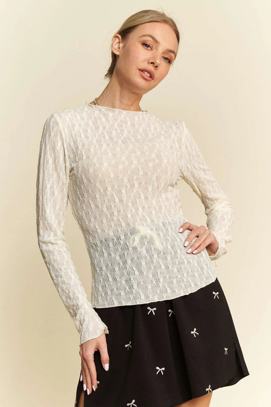 Davi & Dani Long Sleeve Sheer Small Embroidered Bows Lace Top