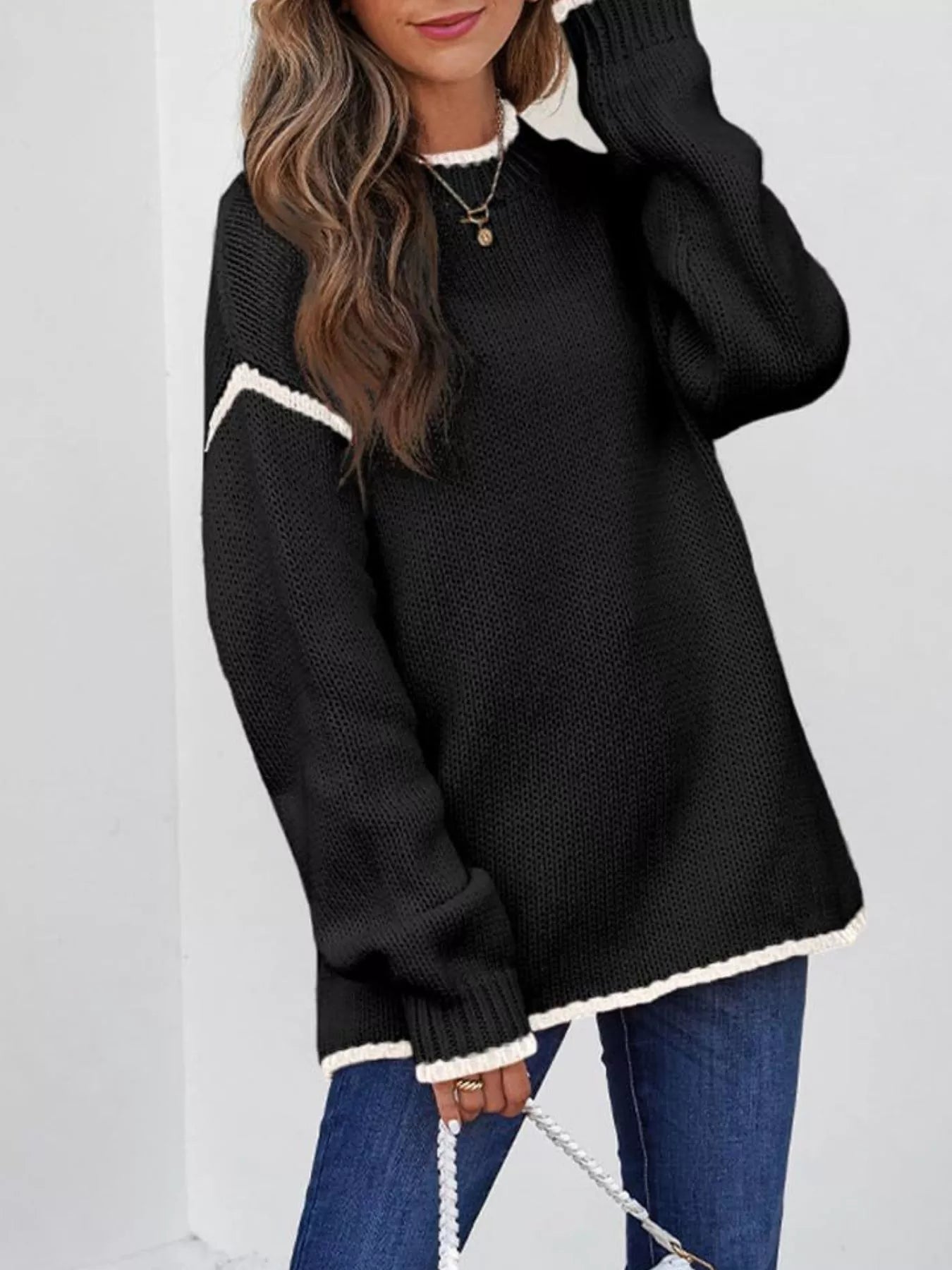 Contrast Trim Long Sleeve Sweater