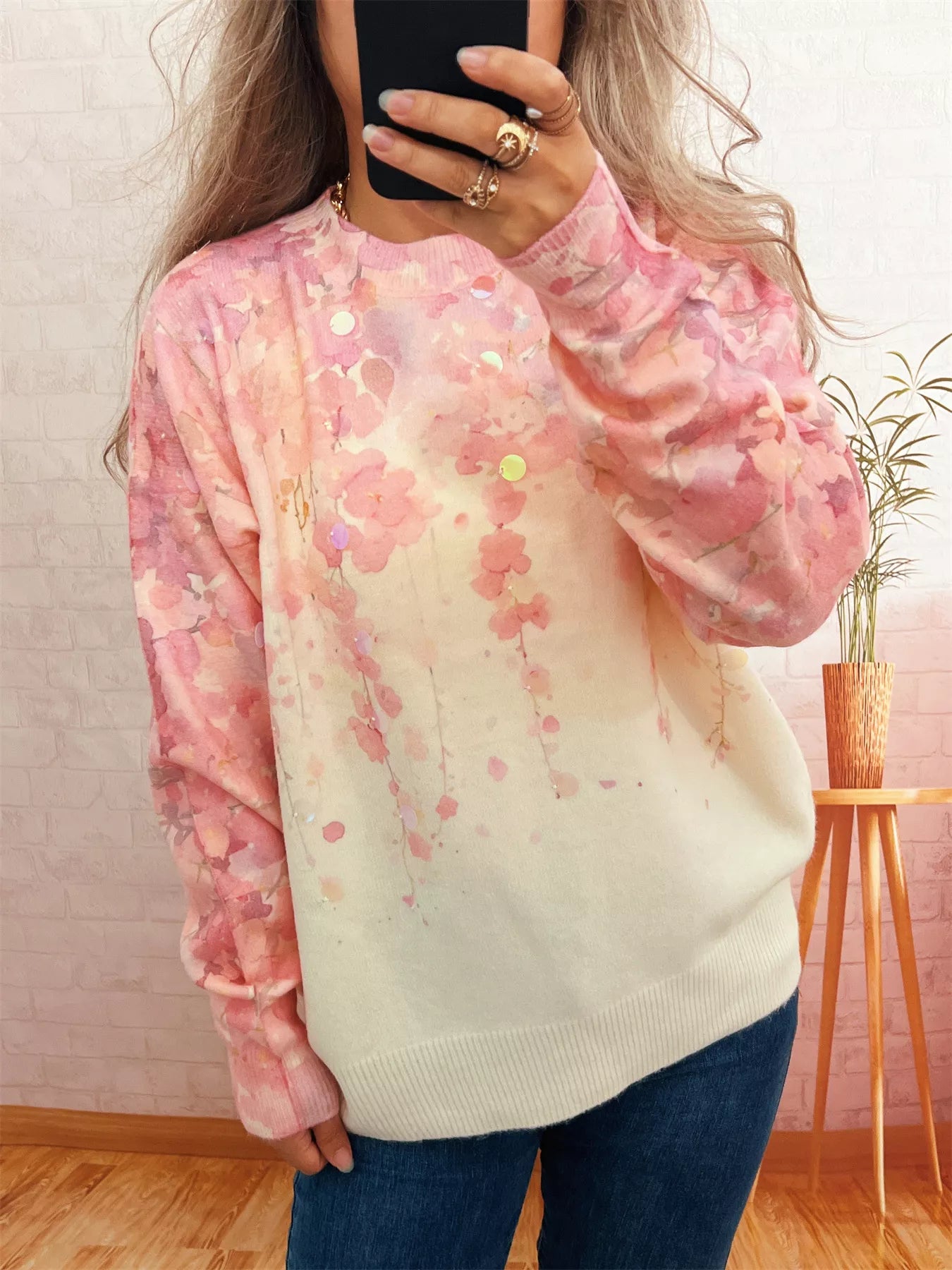 Sequin Crew Neck Long Sleeve Sweater