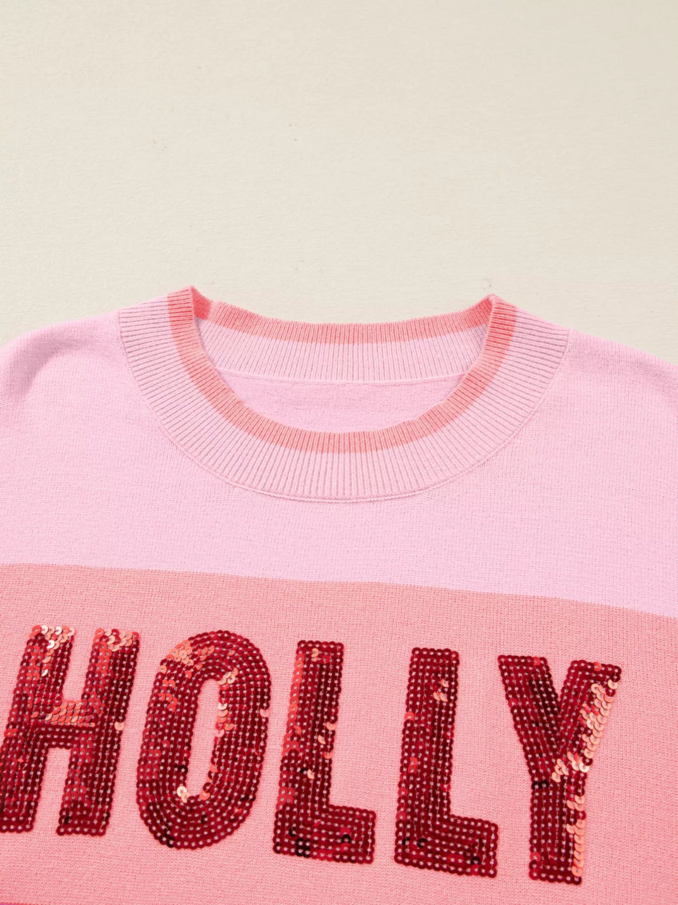 Sequined HOLLY JOLLY Color Block Crew Neck Sweater