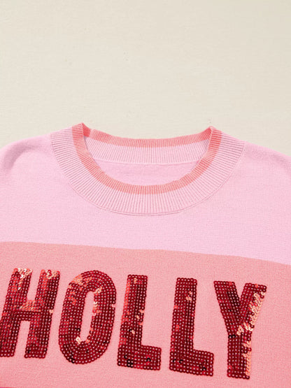 Sequined HOLLY JOLLY Color Block Crew Neck Sweater