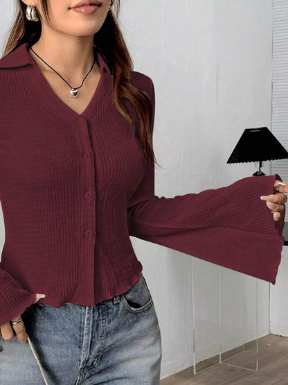 Button Up Flare Sleeve Shirt Burgundy