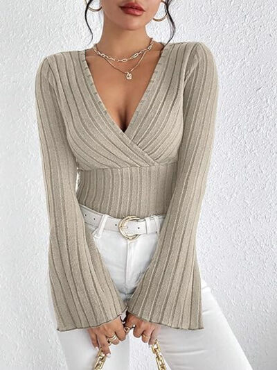 Ribbed Flare Sleeve Top Khaki