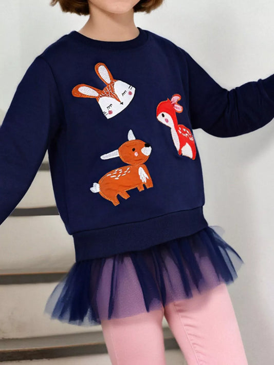 Children's Cute Animal Tulle Hem Sweatshirt Dark Navy