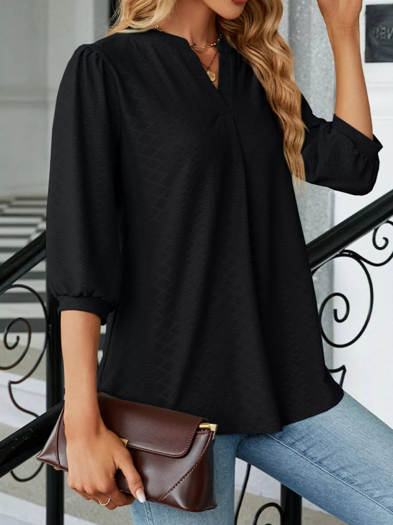 Notched 3/4 Sleeve Casual Top
