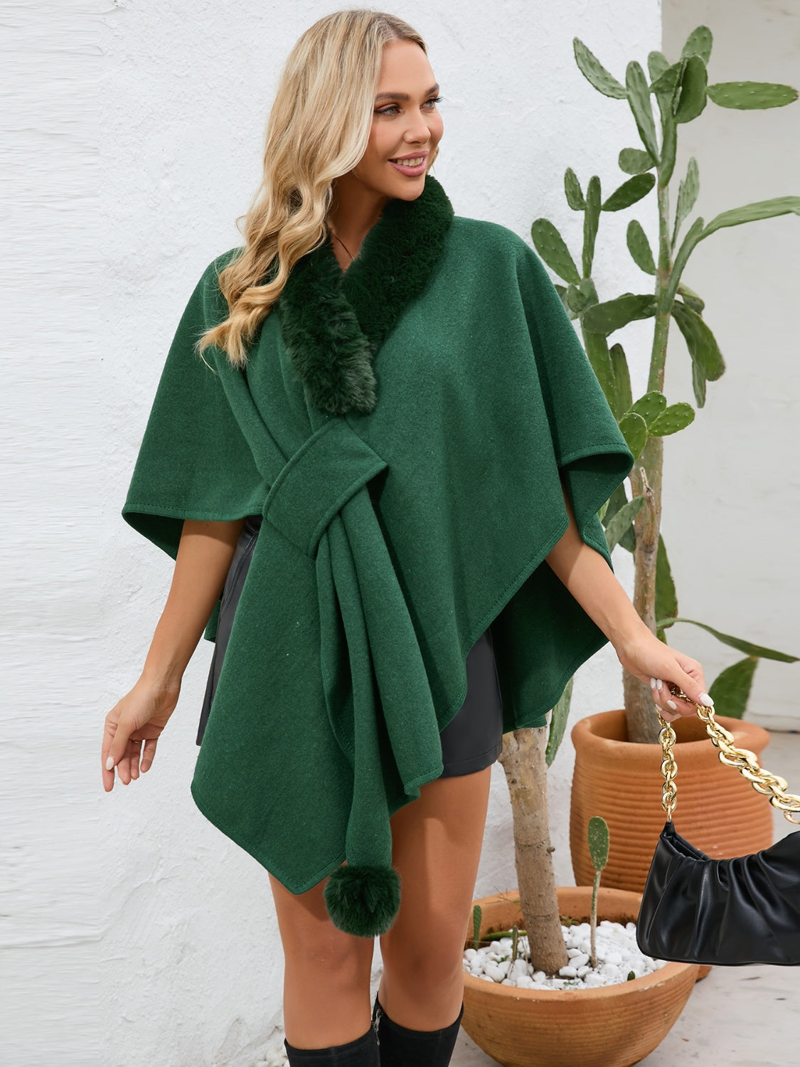 Fuzzy Trim Open Front Poncho Dark Green One Size
