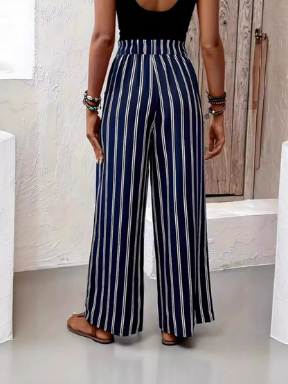Full Size Striped High Waist Wide Leg Pants Plus Size