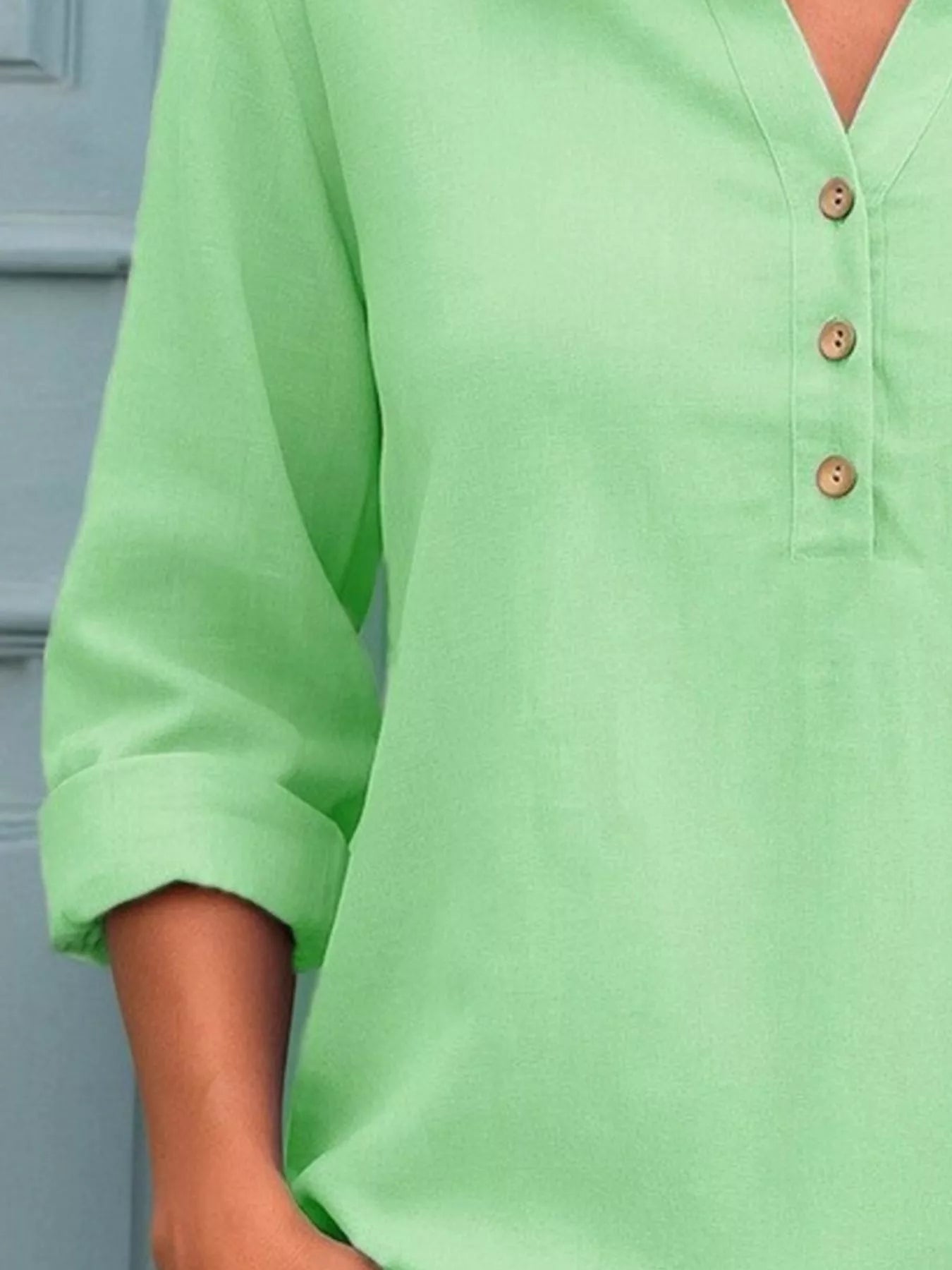 Full Size Button Detail Notched Long Sleeve Blouse Plus Size