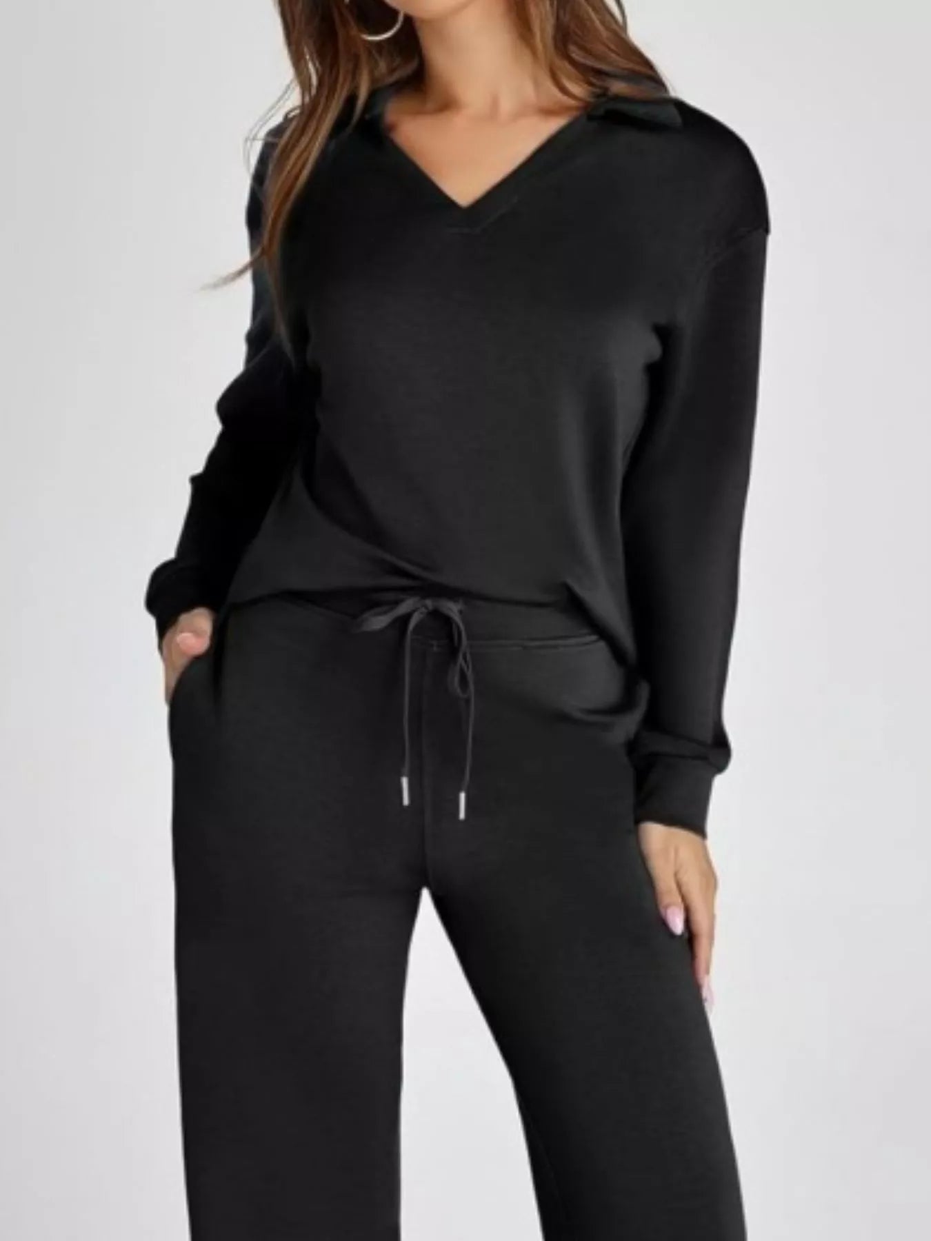 Full Size Johnny Collar Long Sleeve Top and Pants Plus Size