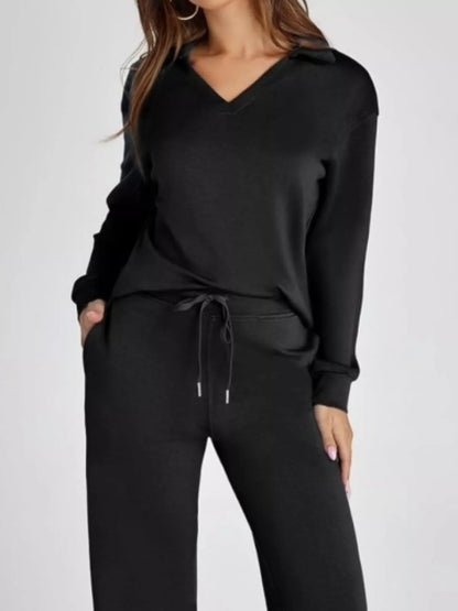 Full Size Johnny Collar Long Sleeve Top and Pants Plus Size