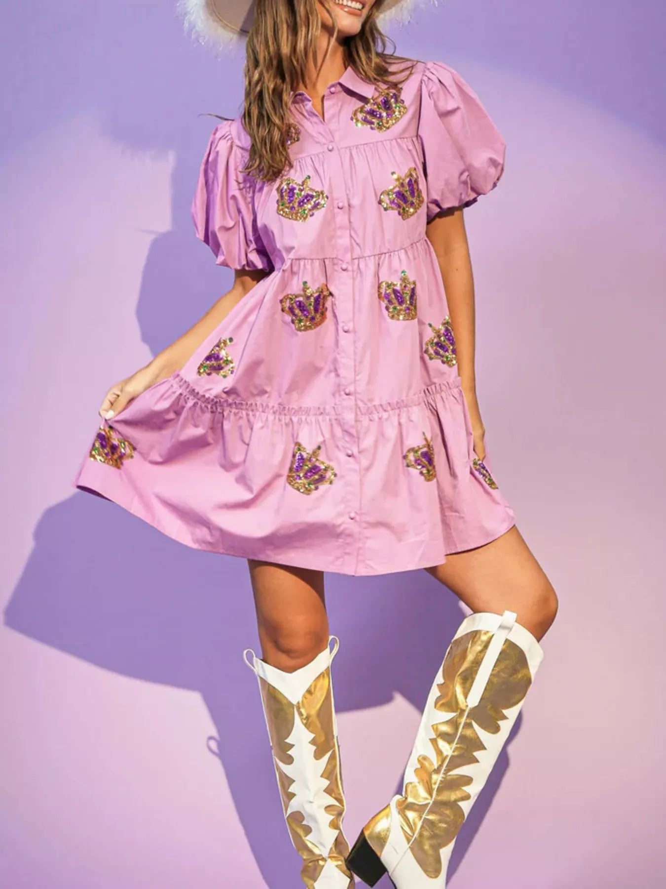 Full Size Sequin Button Front Puff Sleeve Shirt Dress Plus Size