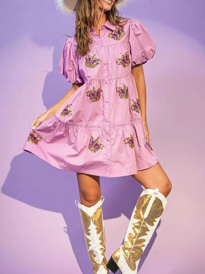 Full Size Sequin Button Front Puff Sleeve Shirt Dress Plus Size