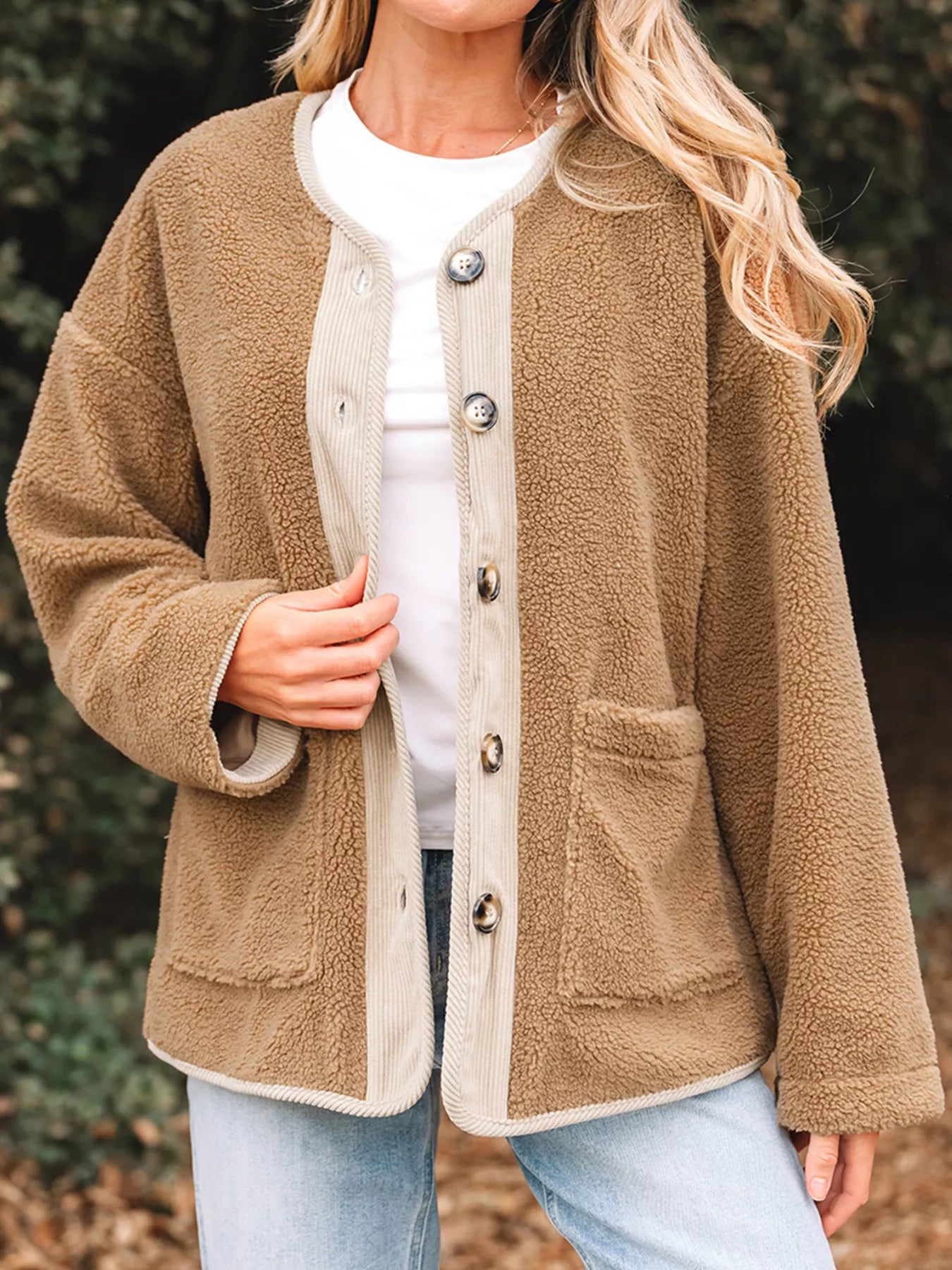 Puffy Plush Corduroy Edge Patchwork Jacket with Pockets Camel
