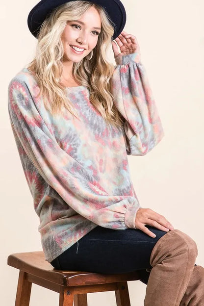 BiBi Brushed Tie Dye Print Top with Puff Sleeves TIE DYE