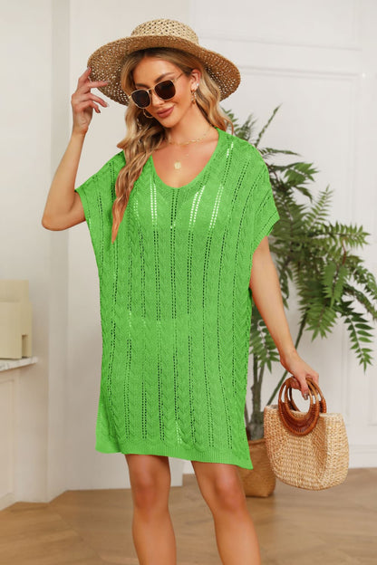 Openwork Side Slit Knit Dress Green One Size