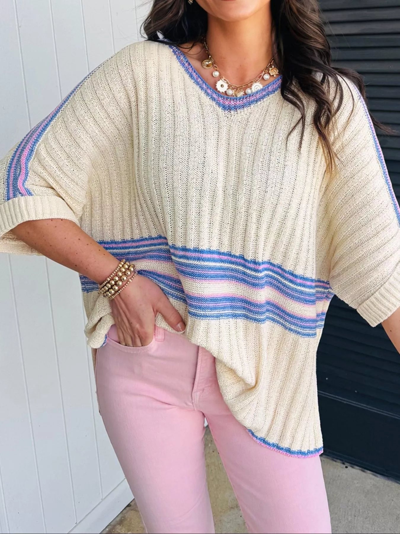 Striped V Neck Dolman Sleeve Rib Knit Oversized Sweater with Slits Cream