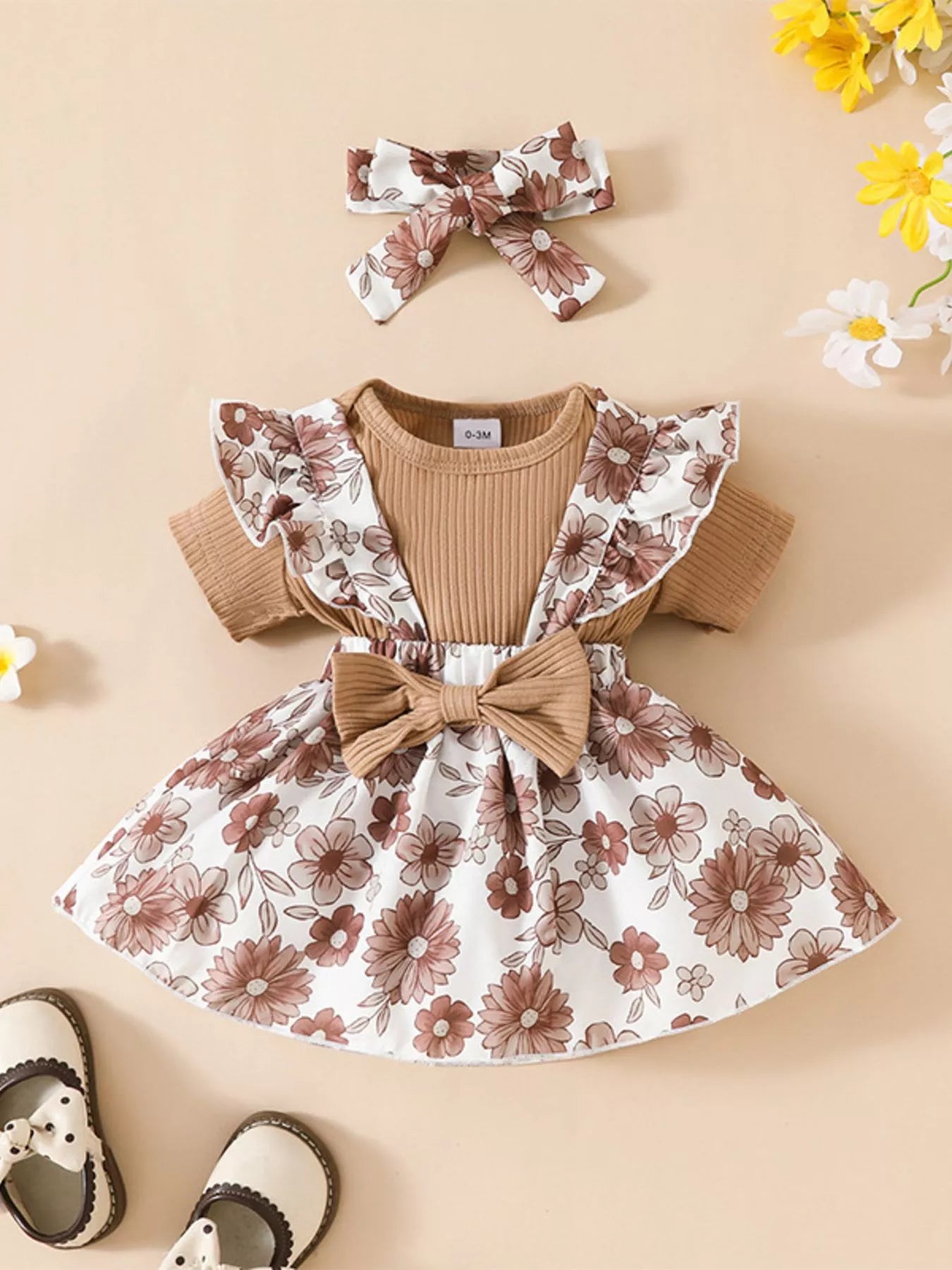 Children's Floral Print Ruffle Trim Baby Set with Headband Taupe