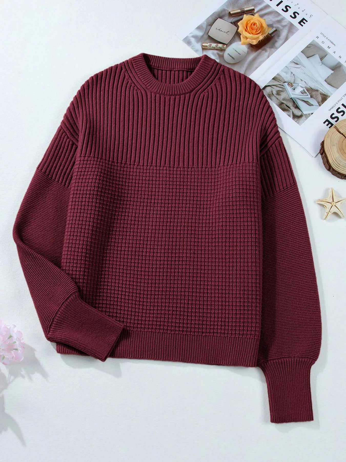 Solid Color Mixed Textured Knitted Crew Neck Sweater