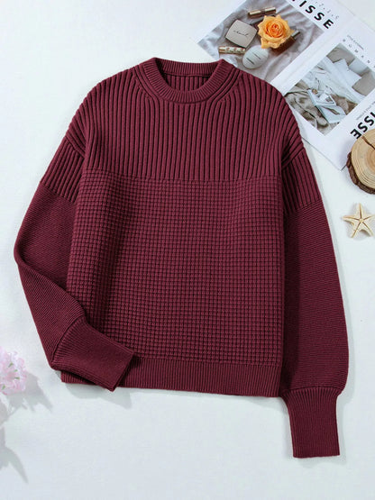 Solid Color Mixed Textured Knitted Crew Neck Sweater