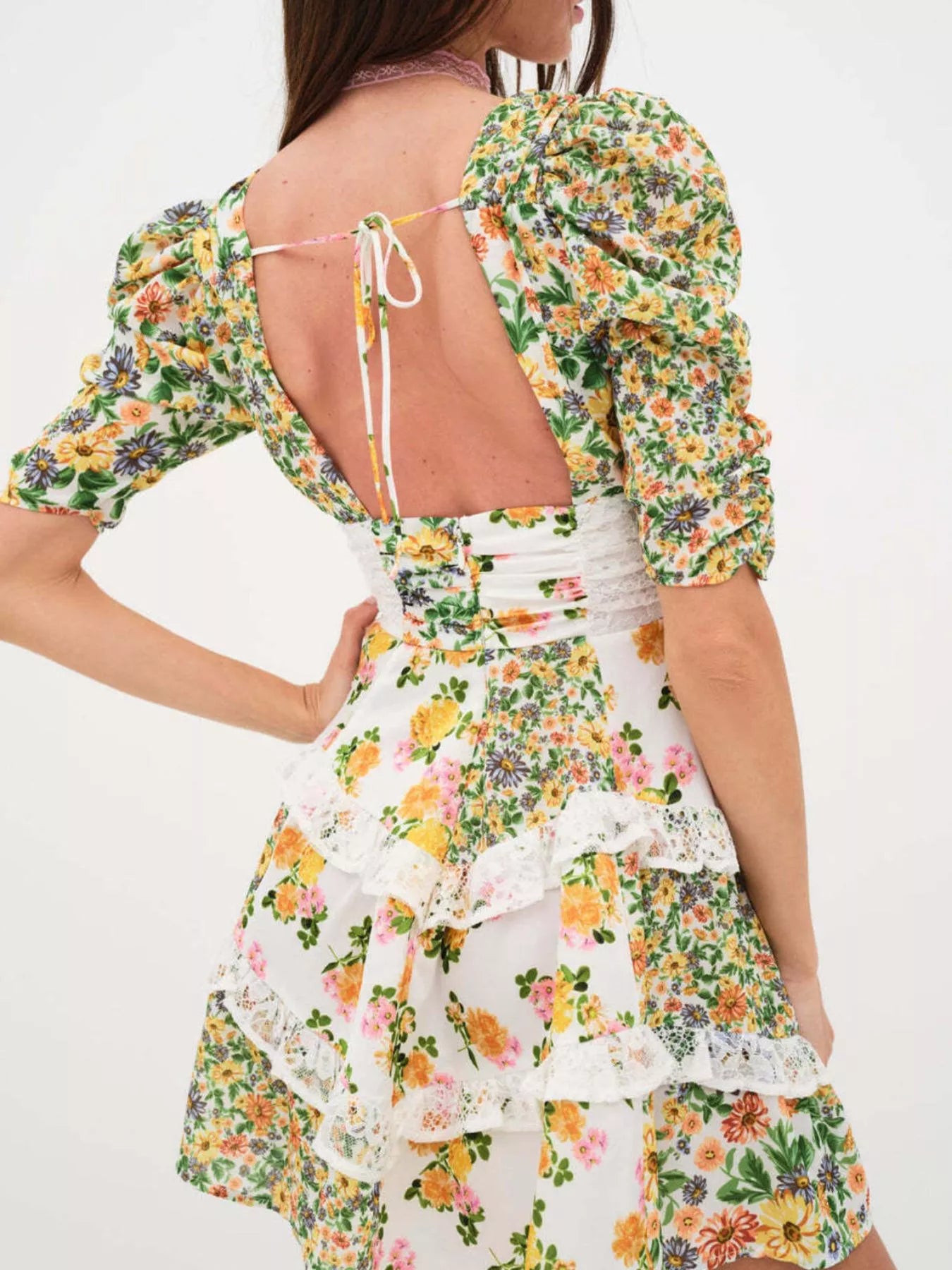 Ruffled Floral Print Half Sleeve Dress