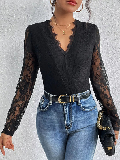 Lace V-Neck Long Sleeve Bodysuit