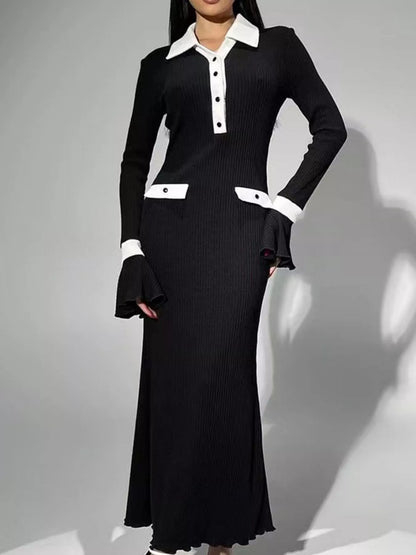 Contrast Collar Long Sleeve Maxi Sweater Dress