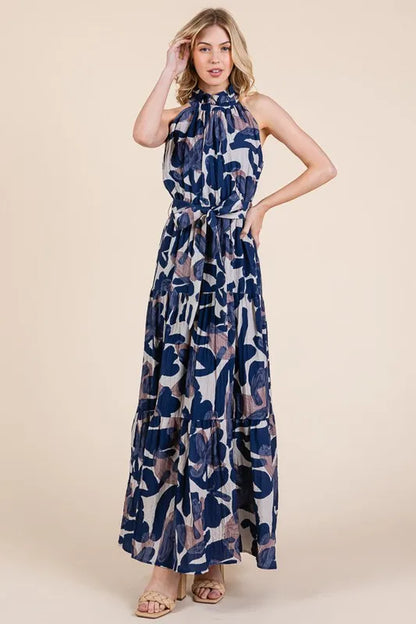 Lime 'N' Chili Abstract Halter Neck Tie-Waist Tiered Maxi Dress