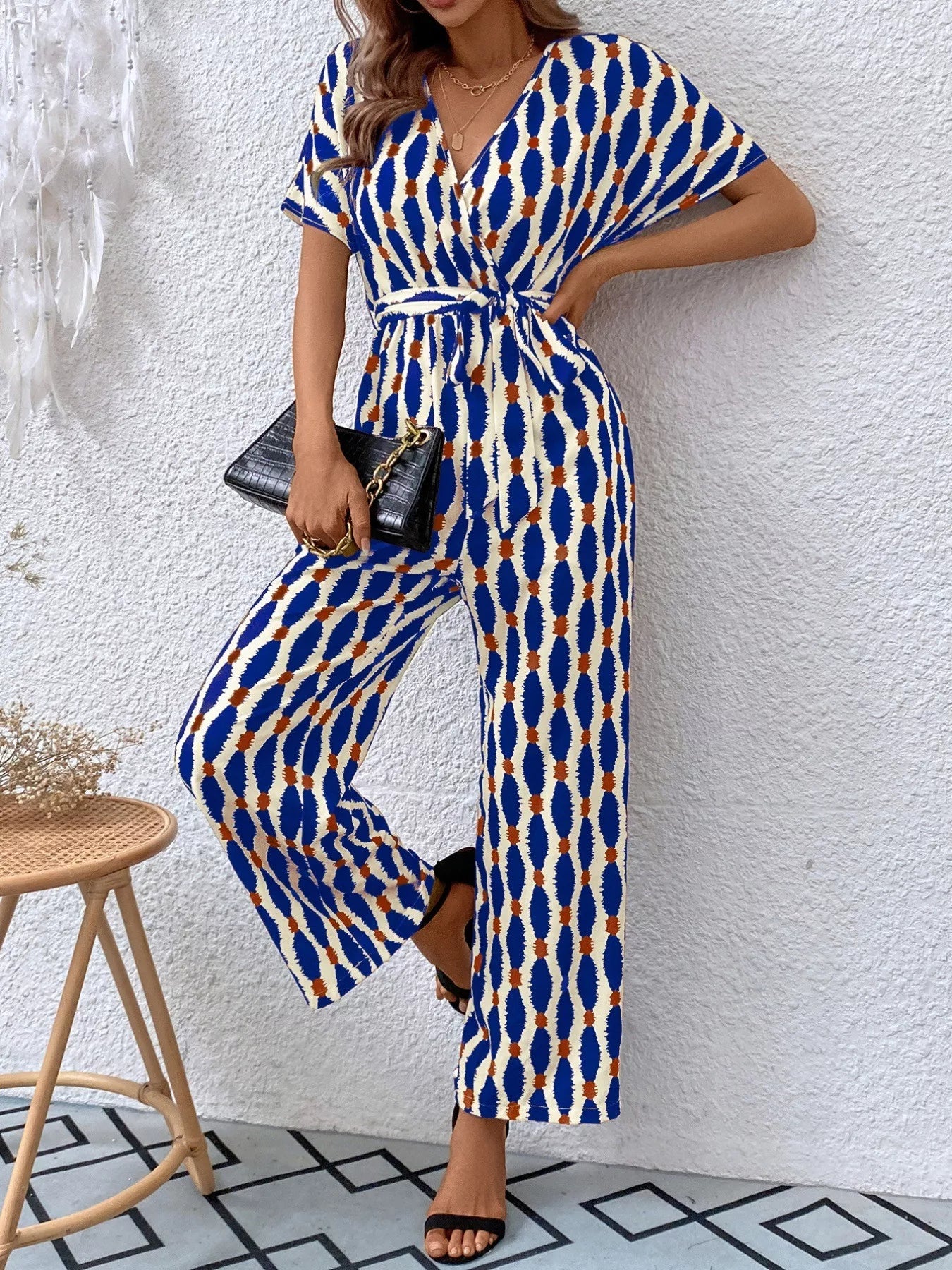 Printed Surplice Tie Waist Short Sleeve Jumpsuit Navy