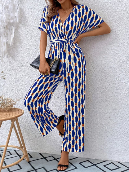 Printed Surplice Tie Waist Short Sleeve Jumpsuit Navy