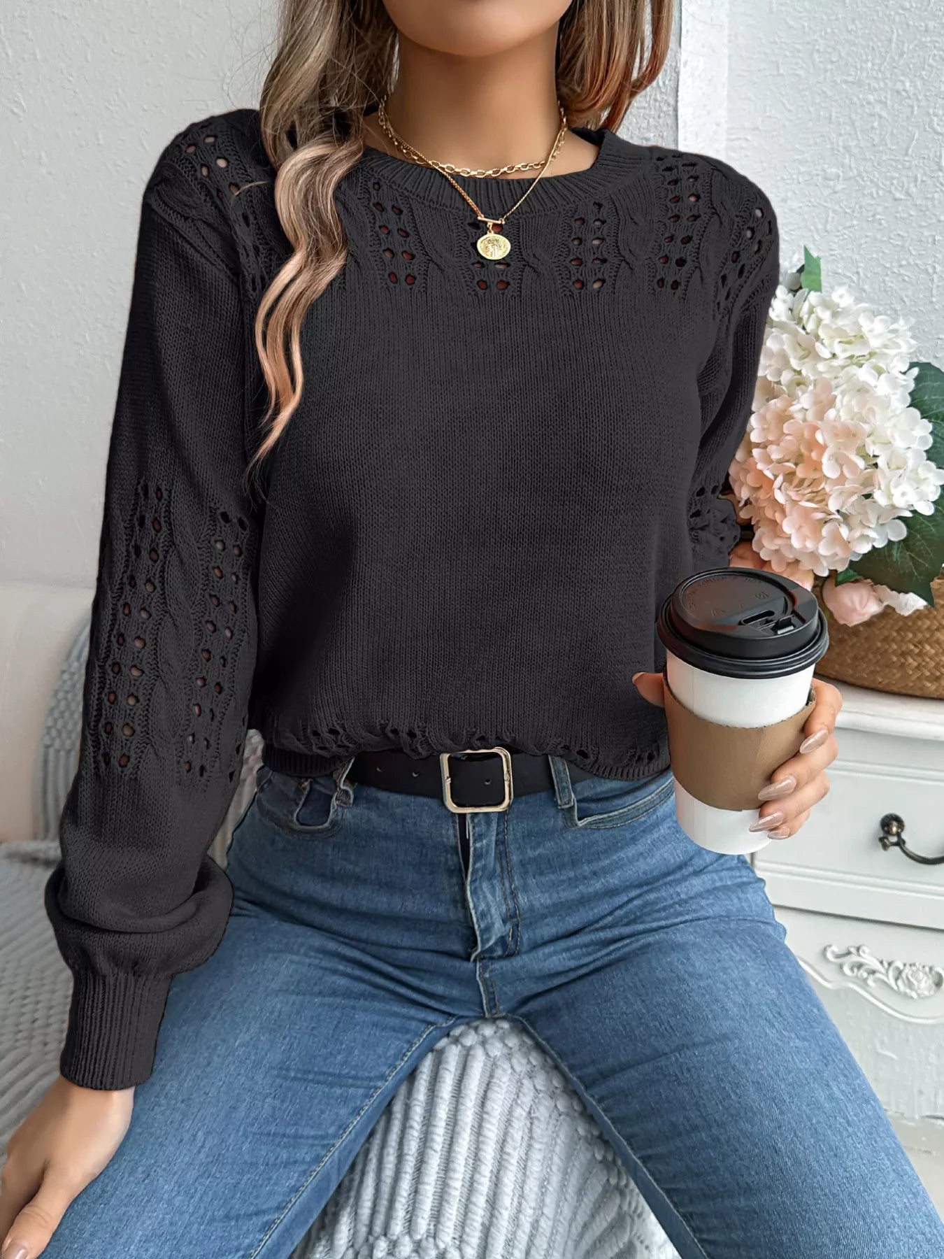 Hollow Out Eyelet Long Sleeve Sweater