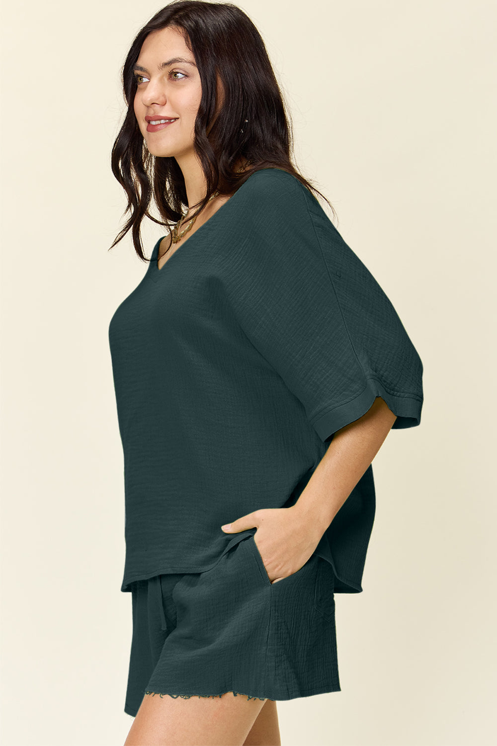 Textured Cotton T-Shirt and Drawstring Shorts Set