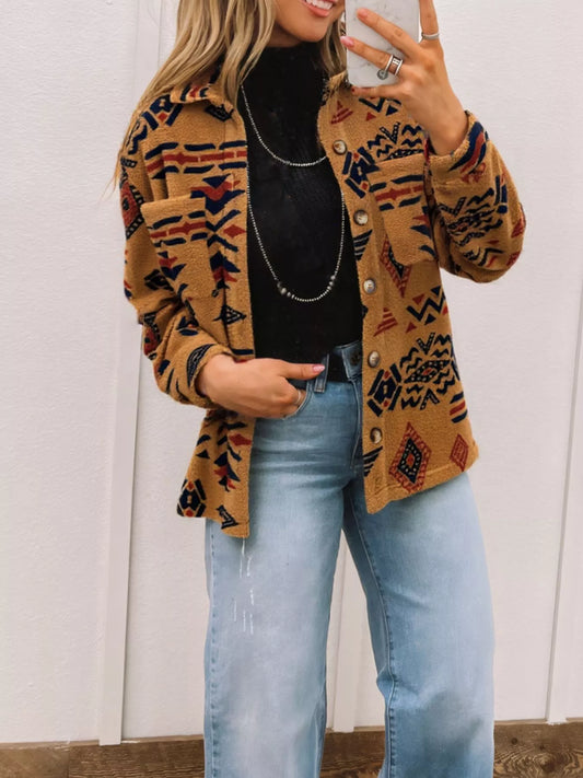 Western Aztec Pattern Fleece Button-Up Shacket