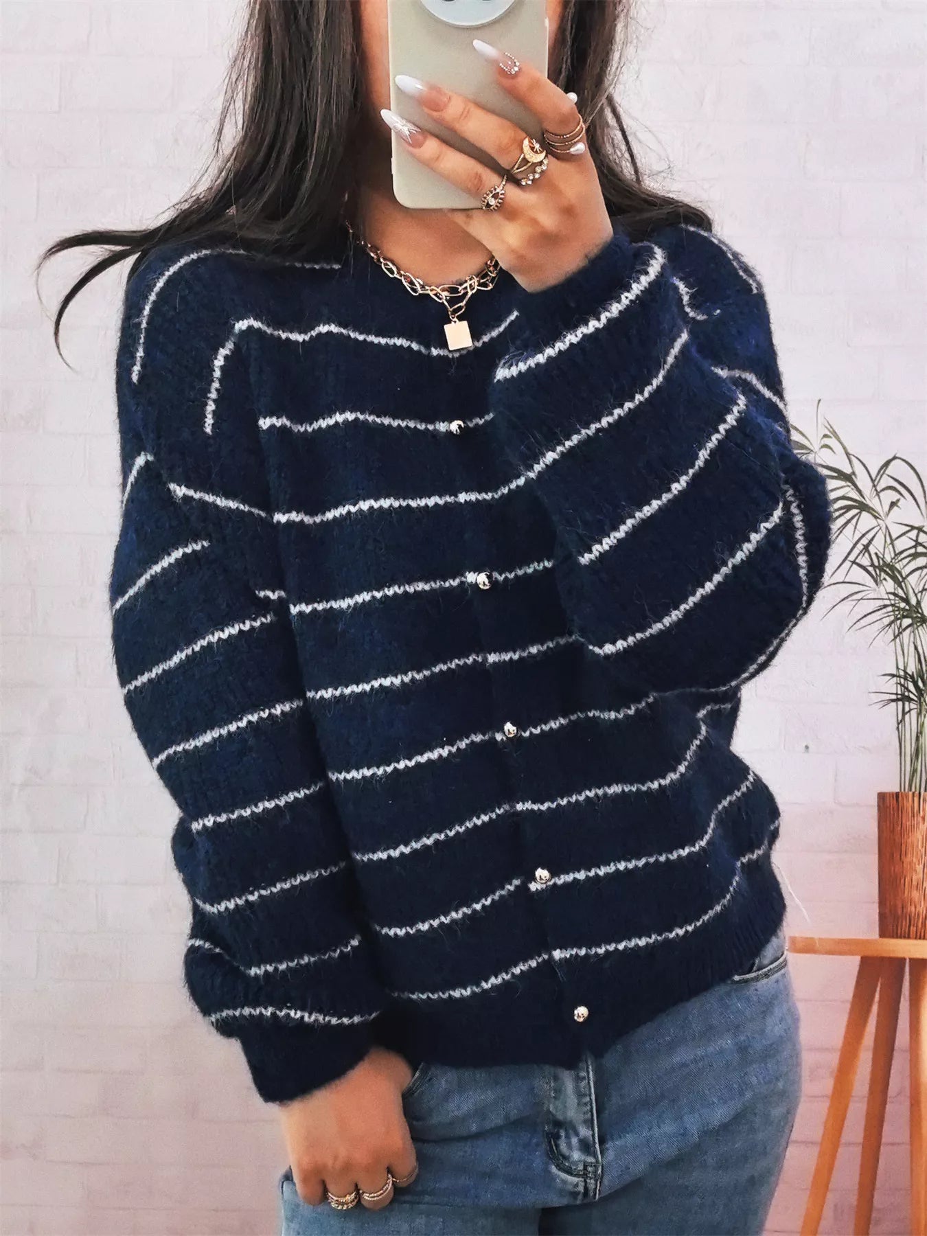 Striped Button Up Long Sleeve Cardigan