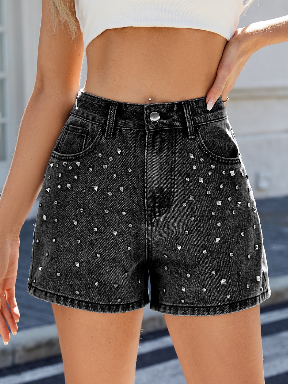 Rhinestone Washed High Waist Denim Shorts Black