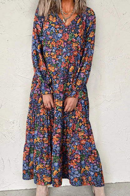 Floral Notched Flounce Sleeve Maxi Dress