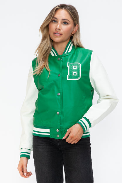 Love Me Now PU Leather Contrast Snap Down Bomber Jacket Green Milk