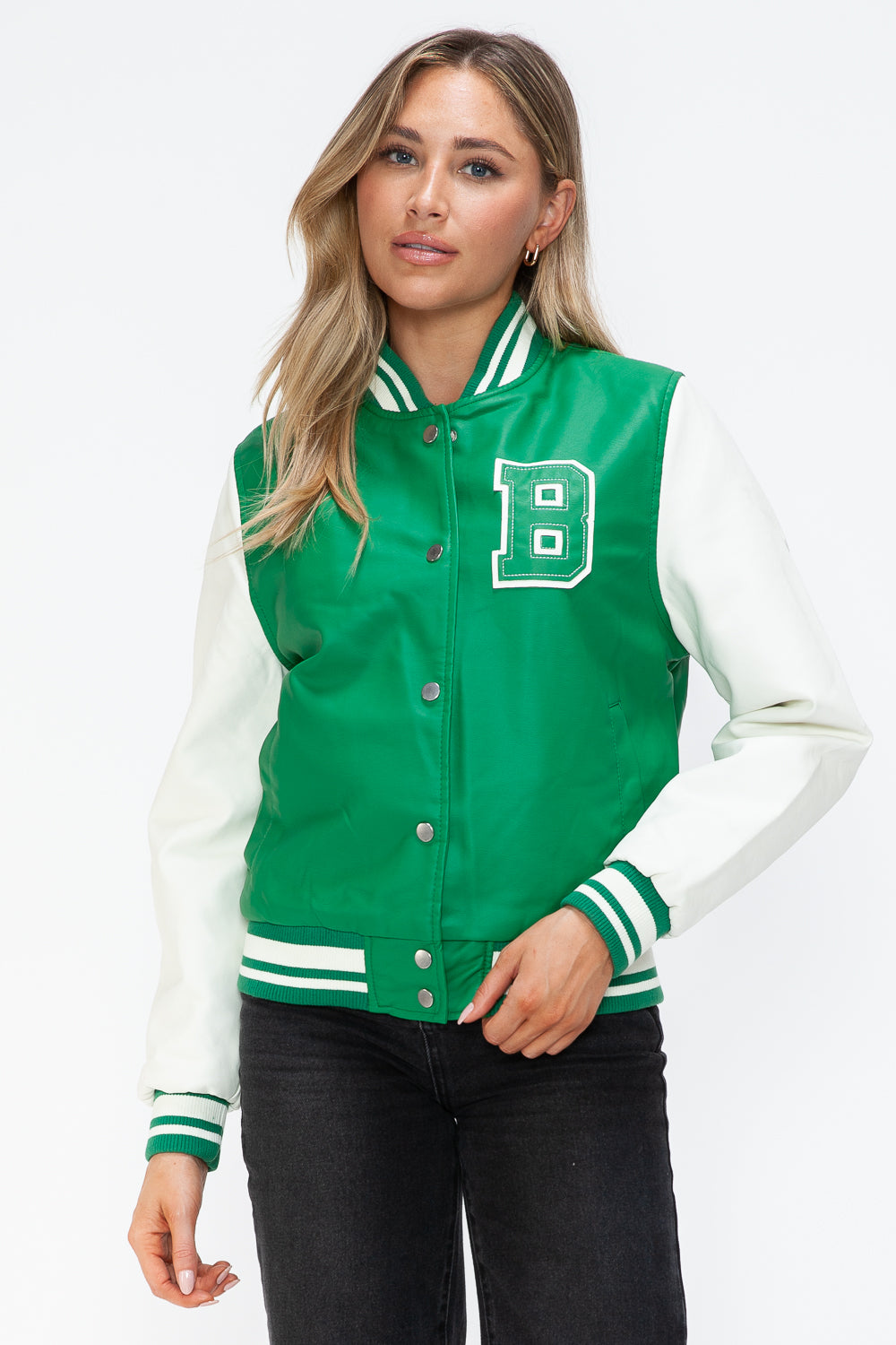 Love Me Now PU Leather Contrast Snap Down Bomber Jacket Green Milk