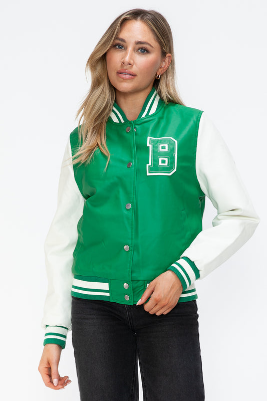 Love Me Now PU Leather Contrast Snap Down Bomber Jacket Green Milk