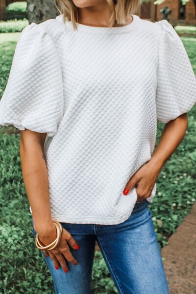 Textured Round Neck Puff Sleeve Blouse White