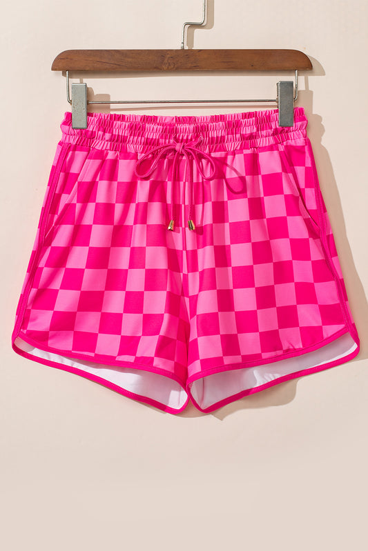 Black and White Checkered Shorts Womens - Drawstring Checkered Shorts with Pockets Hot Pink