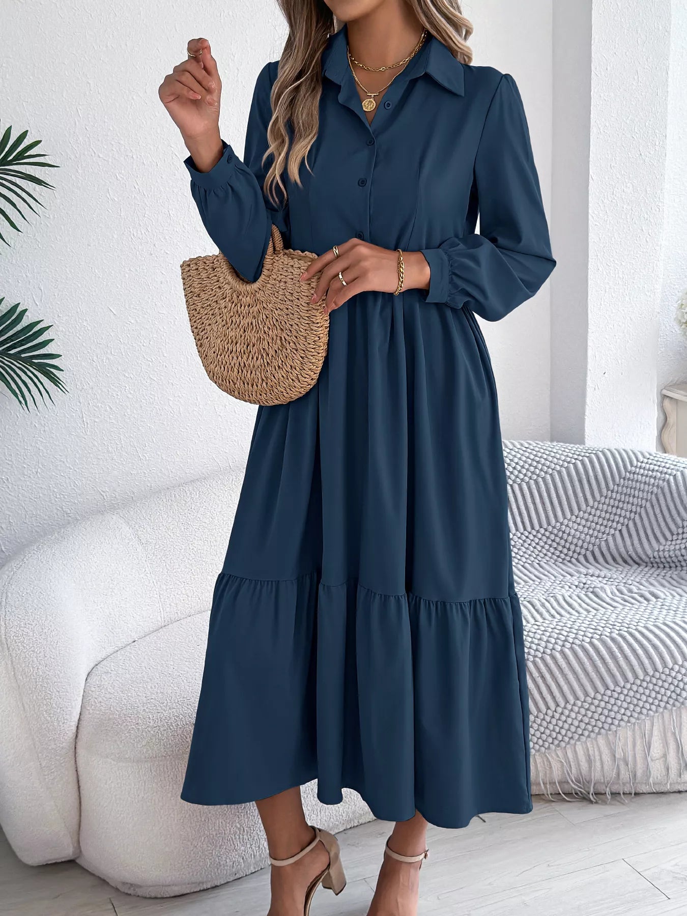 Long Sleeve Tiered Button Front Midi Dress